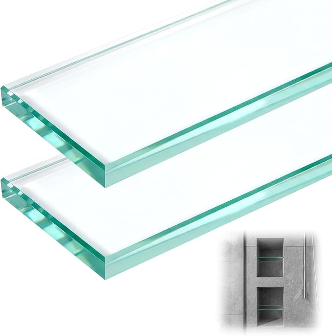 AceOrbit 2 Pcs 3-1/8 x 12-3/4 x 1/2 Inch Glass Shower Shelf for Shower Niche Break-Resistant Easy Install Clear Glass Support Plate for DIY Storage Decor