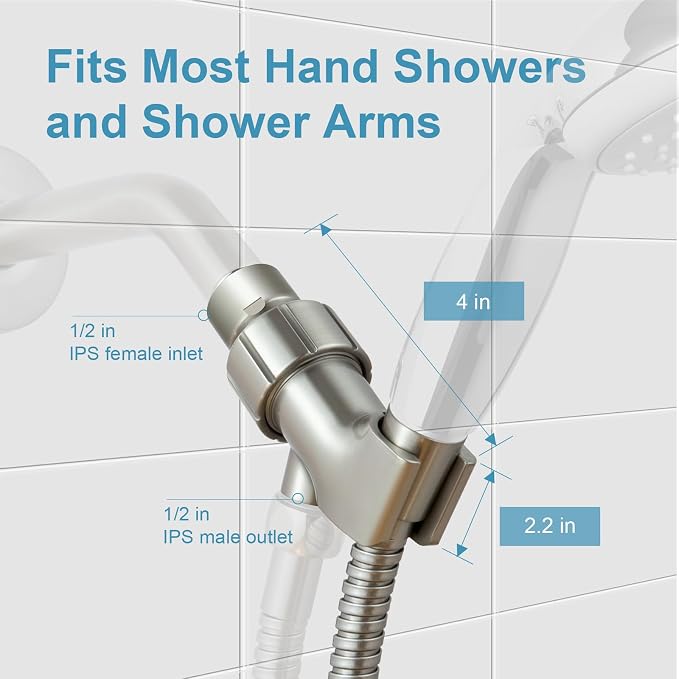 OFFO Shower Head Holder with Solid Metal Ball for Handheld Shower Head, Brushed Nickel Adjustable Shower Arm Mount for Connecting Shower Arm and Shower Hose, 1/2 in IPS Female Inlet and Male Outlet