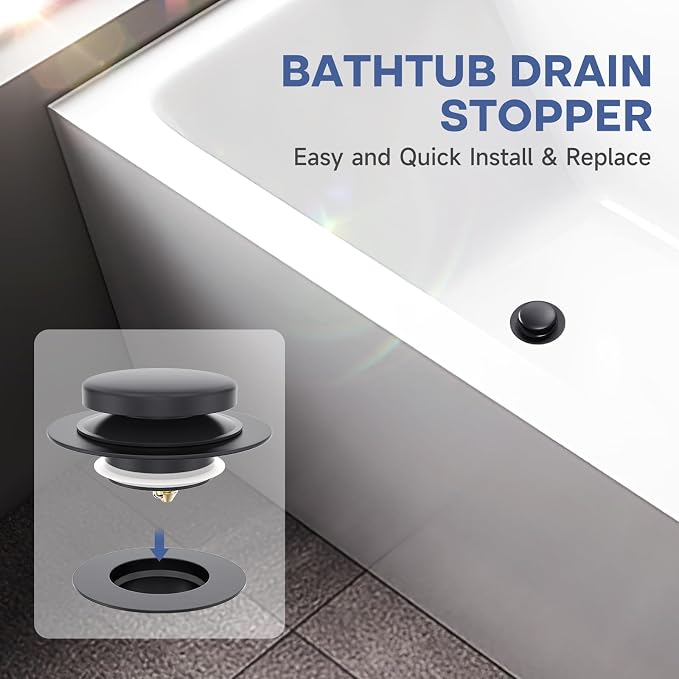 Matte Black Universal Tip Toe Tub Stopper Replacement, Pop Up Bathtub Drain Stoppers, Bathroom Bath Tub Drains Plug, Replaces Lift and Turn, Tip-Toe and Trip Lever drains for Tub, Easy Install