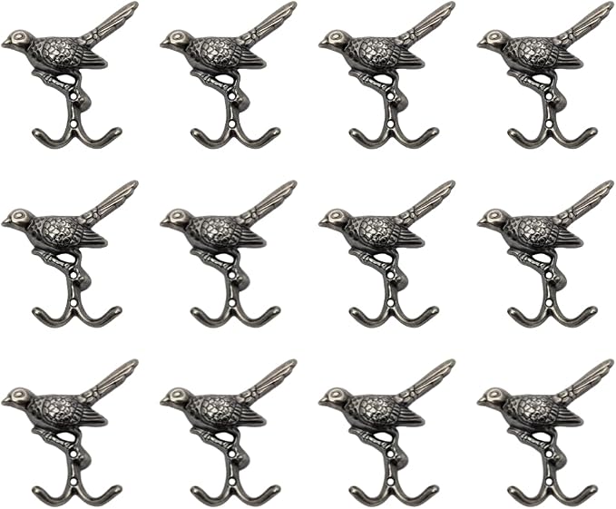 12 pcs Antique Silver Bird Decorative Wall Hooks for Hanging Coats, Keys, Towels, Bags, and More