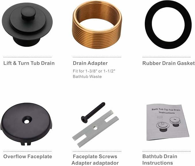 Black Bathtub Drain Conversion Kit Assembly with Single Hole Overflow Faceplate, Wellup All Metal Lift and Turn Tub Drain Twist Trim Kit with Universal Fine/Coarse Thread(Matte Black)
