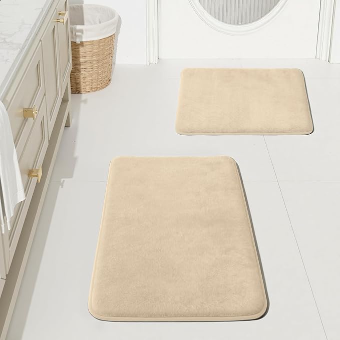 Bathroom Rugs Sets 2 Piece, Non-Slip & Quick Dry Bath Mat Set, Ultra Soft Velvet Bath Rugs for Bathroom, Toilet and Shower Floor, Light Coffee