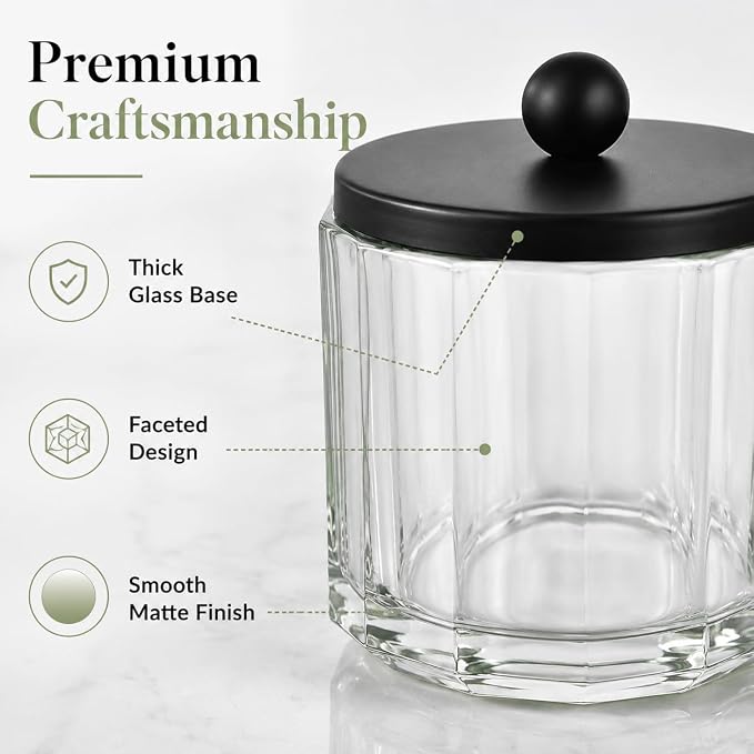 Sage Green Translucent Apothecary Octagional Shaped Glass Canister Jar With Black Metal Lid Cover for Bathroom Organization, Cotton Balls, Q Tips, and Small Accessories, Bathroom Storage