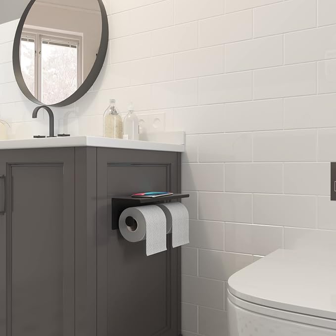 BGL Toilet Paper Holder with Shelf Matte Black, 304 Stainless Steel Wall Mount Toilet Tissue Roll Holder with Double Post for Bathroom, Commercial Toilet Paper Dispenser with Phone Shelf