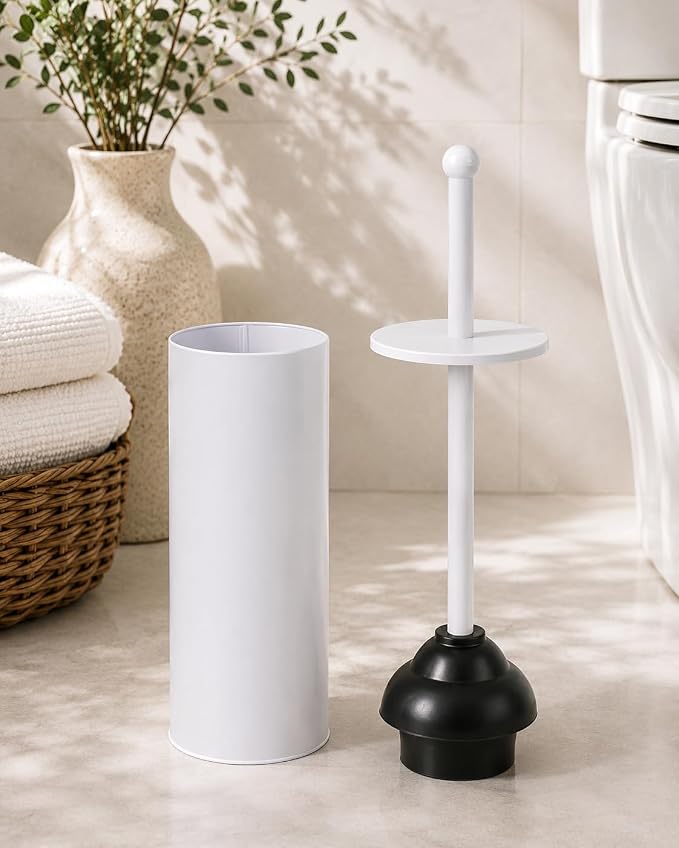 Toilet Plunger with Holder for Bathroom - Deep Cleaning - Heavy Duty - Strong Efficient Suction Cup - Household Essentials - Household Supplies, Matte White