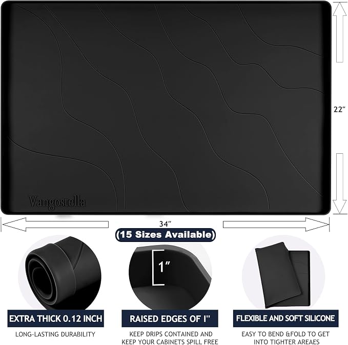 Heavy Duty Silicone Under Sink Mats for Kitchen Waterproof 37" x 22", Extra Thick Under Sink Rubber Mat Drip Tray, Raised Edge Under Sink Liner,Prevent Drips, Leaks, Spills,Black