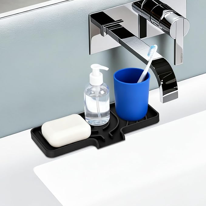 Silicone Sponge Holder for Kitchen Sink With Drain Spout, Self Draining, Kitchen Soap Tray, Bathroom Organizer, Sink Caddy (Black, 10×4)