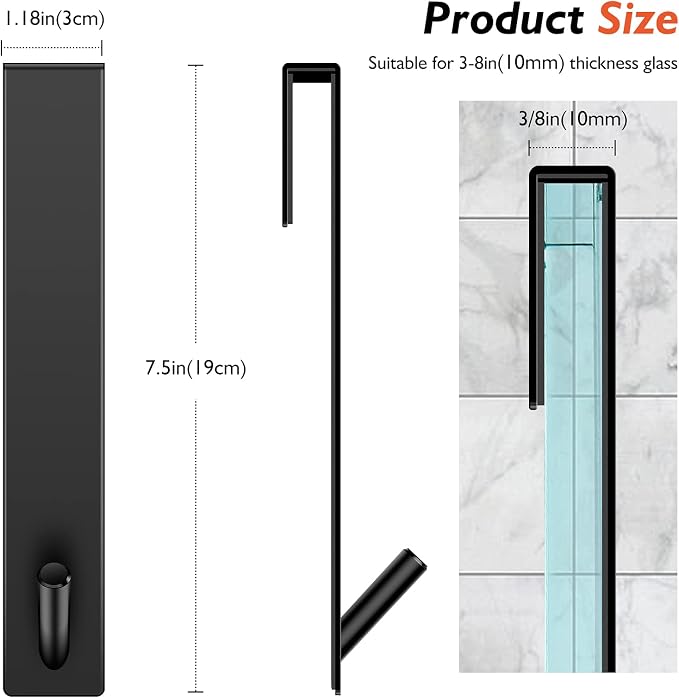 Kontoyo Shower Door Hooks(7.5 Inch),Extended Over Door Hooks for Bathroom Frameless Glass Shower Door,Stainless Steel Towel Hooks,Heavy Duty Rack Hooks for Robe,Towel-2 Pack-Black