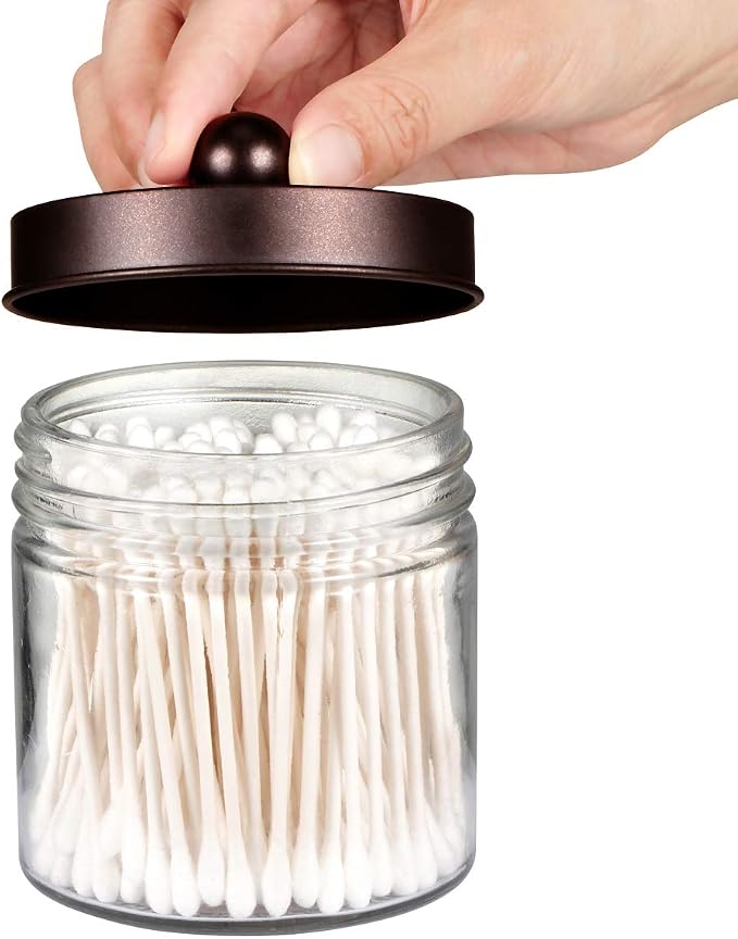 SheeChung Glass Mason Jar Qtip Holder, Bronze Stainless Steel Lids, 2 Pack | Clear Apothecary Jar Canisters Set,Bathroom Jar Dispenser,Vanity Storage Organizer for Cotton Swab,Ball,Floss,Farmhouse Decor