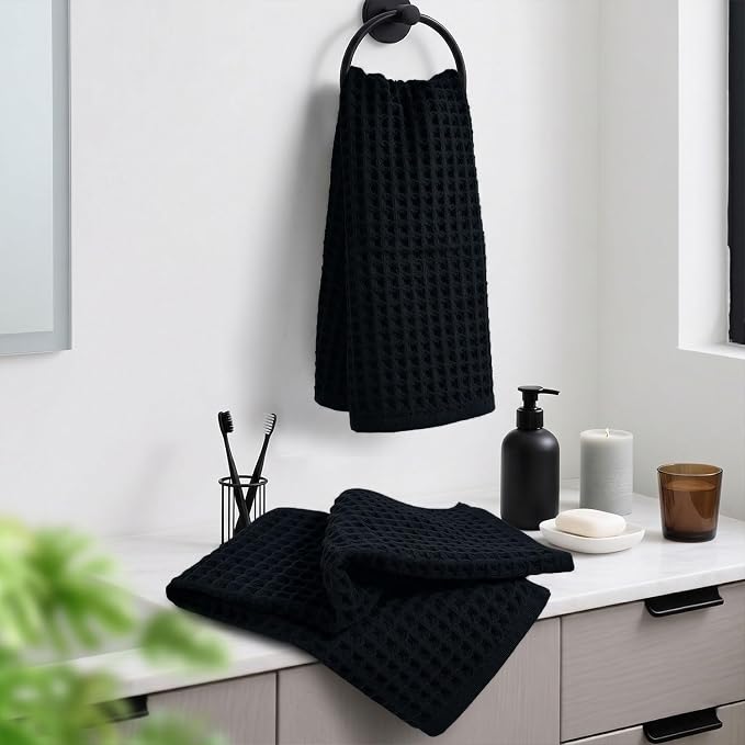 Jacquotha Black Waffle Cotton Hand Towels Set of 2 – Quick Dry, Low Lint | Towels for Bathroom, Kitchen & Daily Life, 13" x 29"
