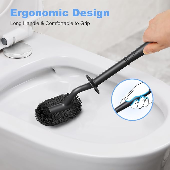HAMITOR Toilet Bowl Brush Holder Set: Curved Design with Holder for Deep Cleaning Under Rim - Compact Hidden Cleaner Scrubber for Small Space - Home RV Bathroom Accessories - Black 2 Pack