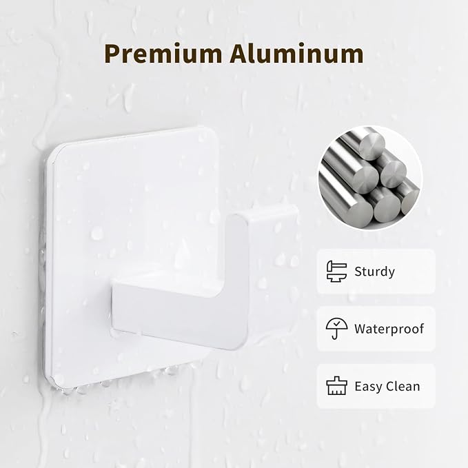 GWAAZXGZ Square Self Adhesive Towel Hooks - 4 Pack Matte White Metal Hooks, Right-Angle Design for Towels, Robes & Hats, Organize Bathroom, Kitchen, Entryway, Doors, Cabinets on Smooth Surfaces