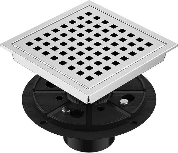 EXF 6 Inch Square Shower Drain Chrome, Stainless Steel Shower Floor Drain Kit with ABS Flange, Removable Grid Cover, Hair Strainer