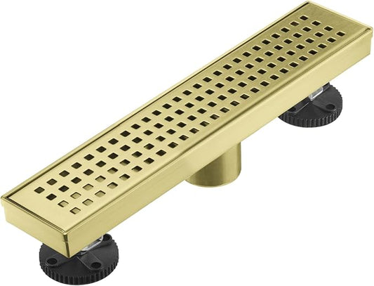 AVSIILE Linear Shower Floor Drain, Brushed Gold 12 Inch 304 Stainless Steel Bathroom Drains Kit, Long Rectangular Shower Trench Drain with Square Pattern Drain Cover & Hair Catcher