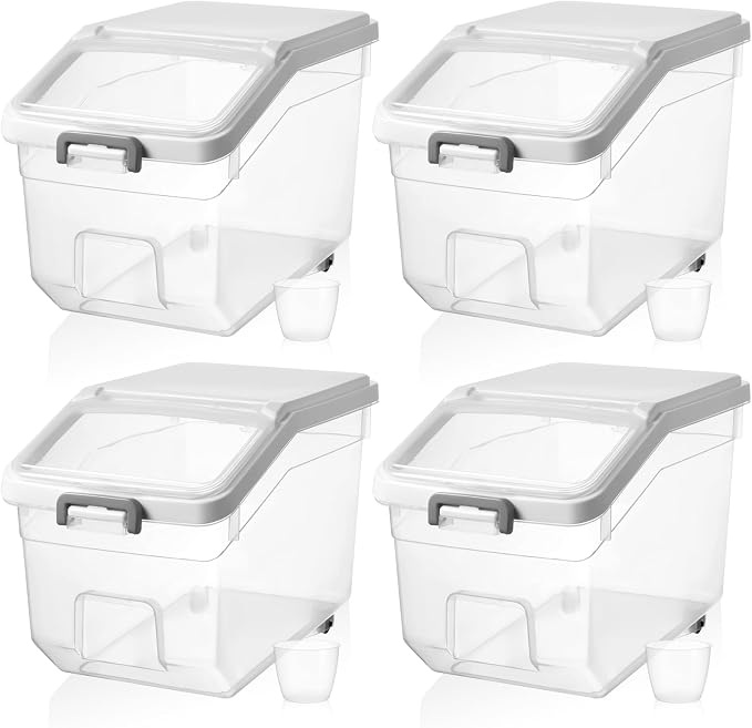 4 Pcs Rice Storage Container 28 lb Airtight Flour Container with Wheels Measuring Cup Clear Pet Food Cube Dog Birds Cat Food Bin Grain Cereal Organizer Box for Dry Baking Supplies(White Lid)