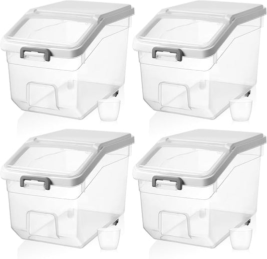 4 Pcs Rice Storage Container 28 lb Airtight Flour Container with Wheels Measuring Cup Clear Pet Food Cube Dog Birds Cat Food Bin Grain Cereal Organizer Box for Dry Baking Supplies(White Lid)