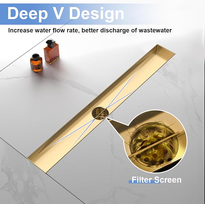 24-Inch Linear Shower Drain with Tile Insert Grate, SUS 304 Stainless Steel Linear Drain, Brushed Gold Long Rectangle Shower Floor Drain with Leveling Feet, Hair Strainer, Fits Bathroom