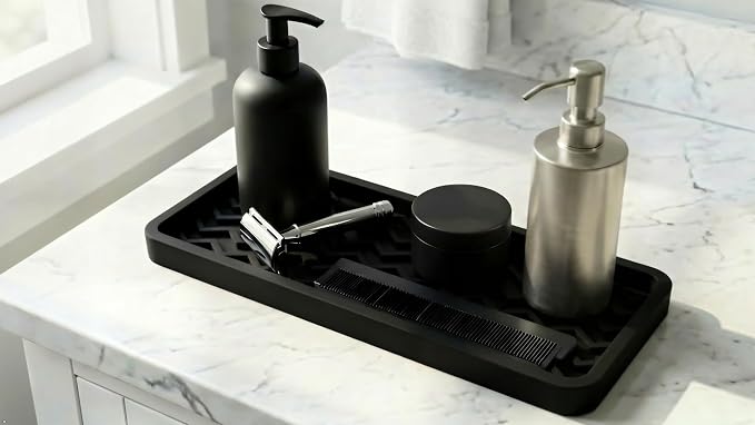 Silicone Sink Organizer Tray, Rectangular, Modern Style, Heat Safe, Dishwasher Safe, for Bathroom and Kitchen Organization (Vanilla Cream, 12"x4", Chevron Pattern)