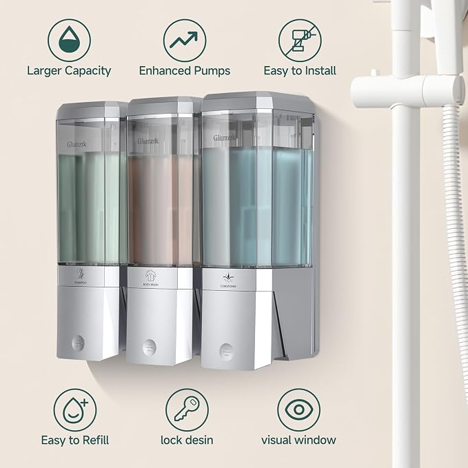 Shampoo and Conditioner Dispenser 3 Chamber No Drill Shower Soap Dispenser Wall Mounted Shampoo Conditioner Body Wash Dispenser 3 * 500ml Refillable Shower Dispenser for Bathroom Hotel, Silver