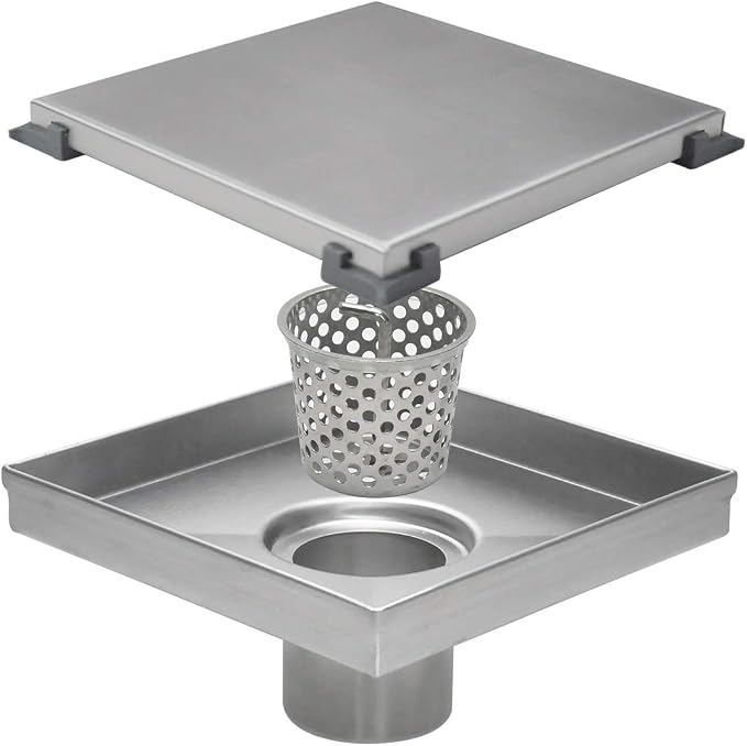 Square Shower Drain, Shower Drain 6 inch with 2 in 1 Tile-Insert Cover, Brushed AISI 304 Stainless Steel Shower Floor Drain with Hair Catcher