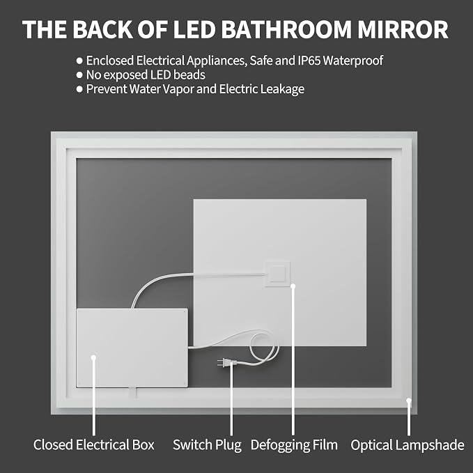 Koonmi 50x40 LED Bathroom Mirror with Light, Anti-Fog, 3 Colors | Backlit + Front Lit, Dimmable Brightness, Shatterproof HD Distortion-Free Tempered Glass, Hardware Included