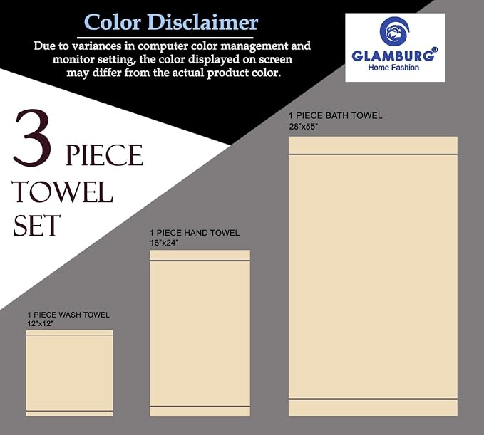 GLAMBURG Ultra Soft 3 Pack Cotton Towel Set, Contains a Bath Towel 28x55 inch, a Hand Towel 16x24 inch & a Wash Coth 12x12 inch, Ideal Everyday use, Compact & Lightweight - Black
