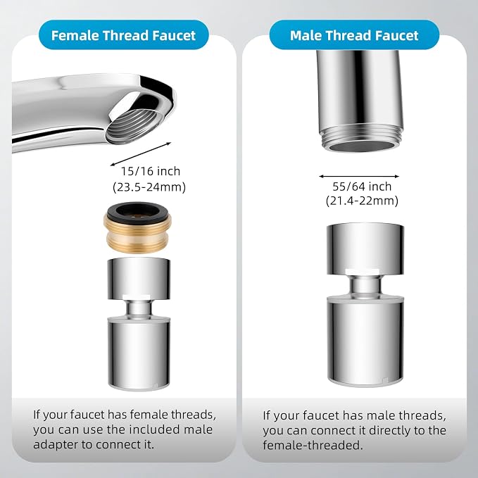 Hibbent NSF/ANSI/CAN 61 Certified Faucet Aerator, cUPC Certification 360° Swivel Faucet Extender, Dual-function Sink Aerator, Kitchen Faucet Sprayer Attachment, 55/64” Female Thread, Chrome