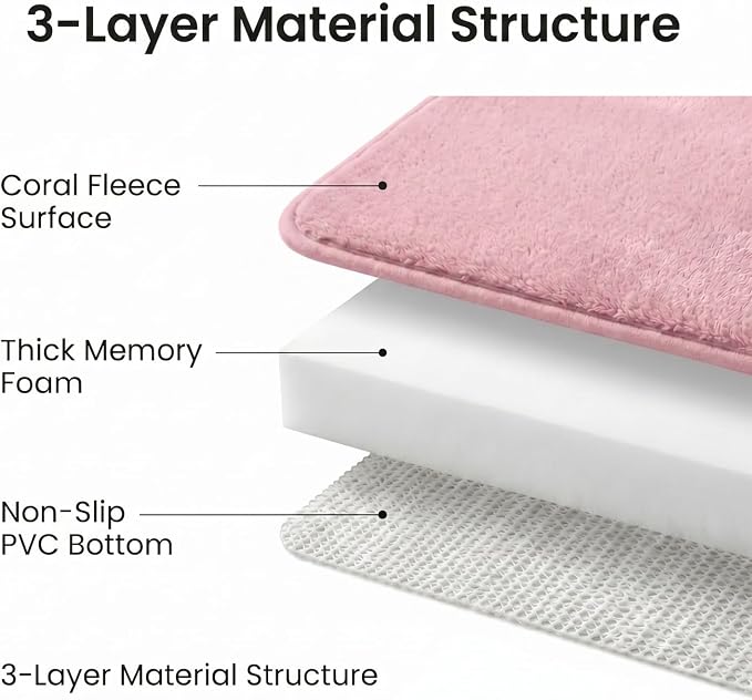 Bathroom Rugs Set 3 Piece, Memory Foam Bath Rugs, Non Slip Washable Bathroom Rug Set, Extra Soft Absorbent Bath Mats with U-Shaped Toilet Rug, Pink
