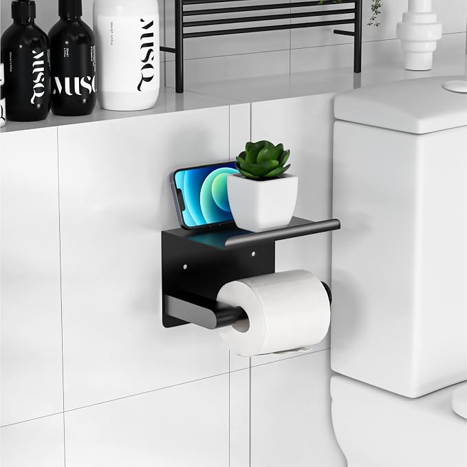 GLNLQ Matte Black Toilet Paper Holder with Shelf, Fits Mega Rolls Size | Adhesive or Screw-in, Waterproof and Rustproof Stainless Steel, Wall Mount Design, Modern Stylish Design, for Bathroom, RV