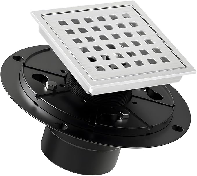 4 Inch Square Shower Drain Brushed with Removable Quadrato Pattern Grate, SUS 304 Stainless Steel Floor Drain with Flange