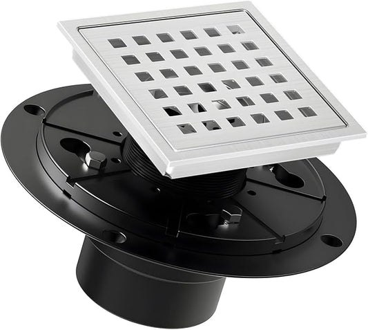4 Inch Square Shower Drain Brushed with Removable Quadrato Pattern Grate, SUS 304 Stainless Steel Floor Drain with Flange