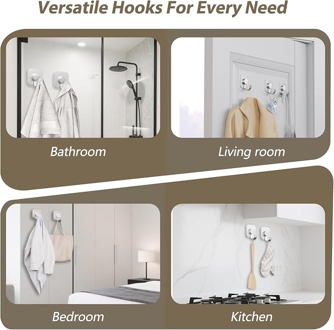 Aikzik 4 Pack Large Heavy Duty Wall Hooks - 26lb Max, Stainless Steel Adhesive Towel Hooks for Hanging Towel, Coat, Robe, Sticky Towel Holder for Wall Mount in Bathroom, Kitchen, Shower, Door - Silver