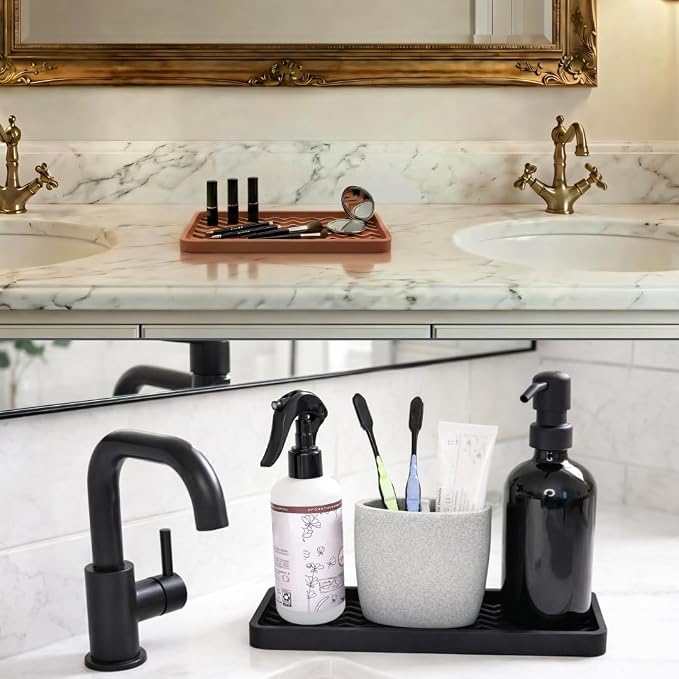 Silicone Sink Organizer Tray, Rectangular, Modern Style, Heat Safe, Dishwasher Safe, for Bathroom and Kitchen Organization (Mocha, 12"x4", Chevron Pattern)