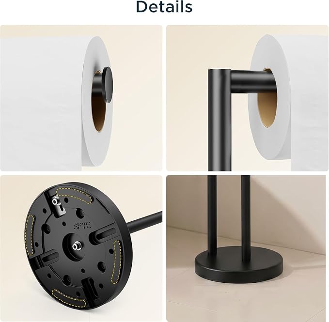FORIOUS Toilet Paper Holder Stand with Storage for 4 Rolls, Matte Black | Modern Freestanding SUS 304 Stainless Steel Bathroom Tissue Roll Organizer with Heavy Anti-Slip Weighted Base