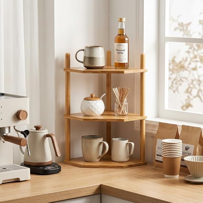3-Tier Expandable Bamboo Corner Shelf - Dish/Plate Organizer for Cabinet, Kitchen Counter Shelf & Small Kitchen Shelf, Adjustable (Natural, 1-Pc 6.70" H)