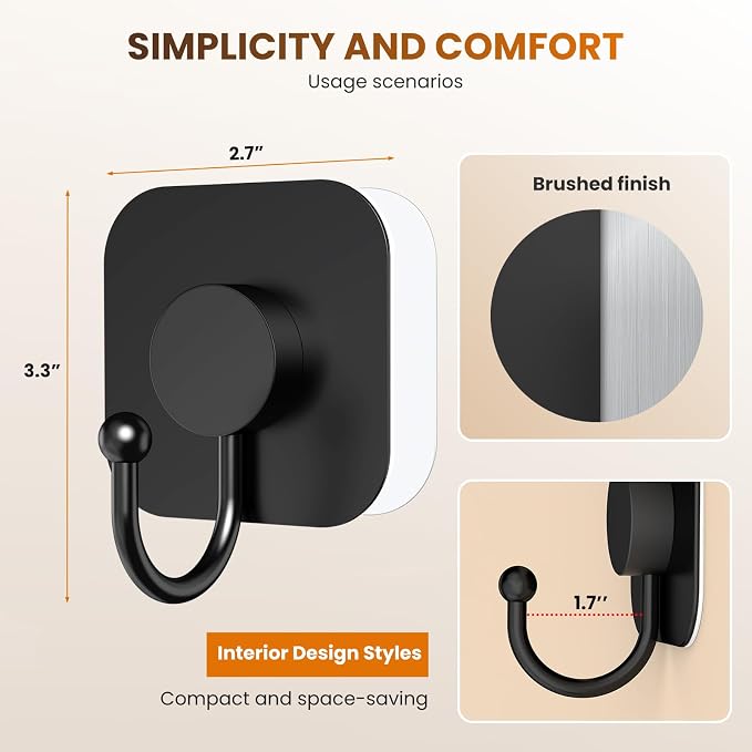 Aikzik 4 Pack Large Heavy Duty Wall Hooks - 26lb Max, Stainless Steel Adhesive Towel Hook, Shower Hooks for Hanging Towel, Coat, Robe, Wall Hook for Use in Bathroom, Kitchen and Door, Matte Black
