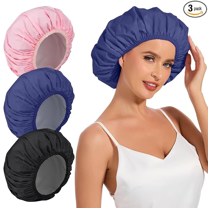3 Pack Reusable Shower Caps for Women Waterproof, Large Hair Cap for Shower and Bath, Comfortable Bath Hat for Long Hair