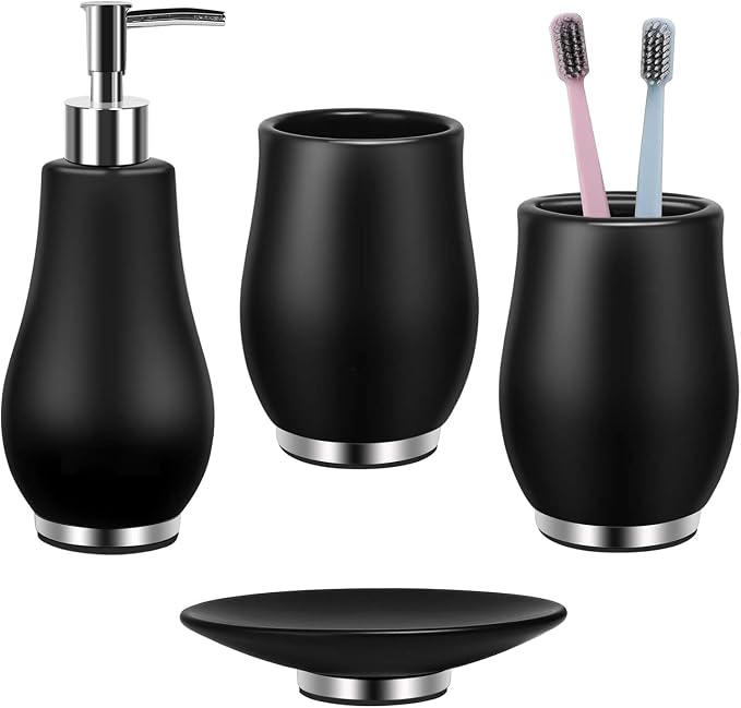 RQYIXI Ceramic 4-Piece Bathroom Accessories Set, Black, Tulip Design | tulip-inspired curved design with stainless steel base modern countertop organization