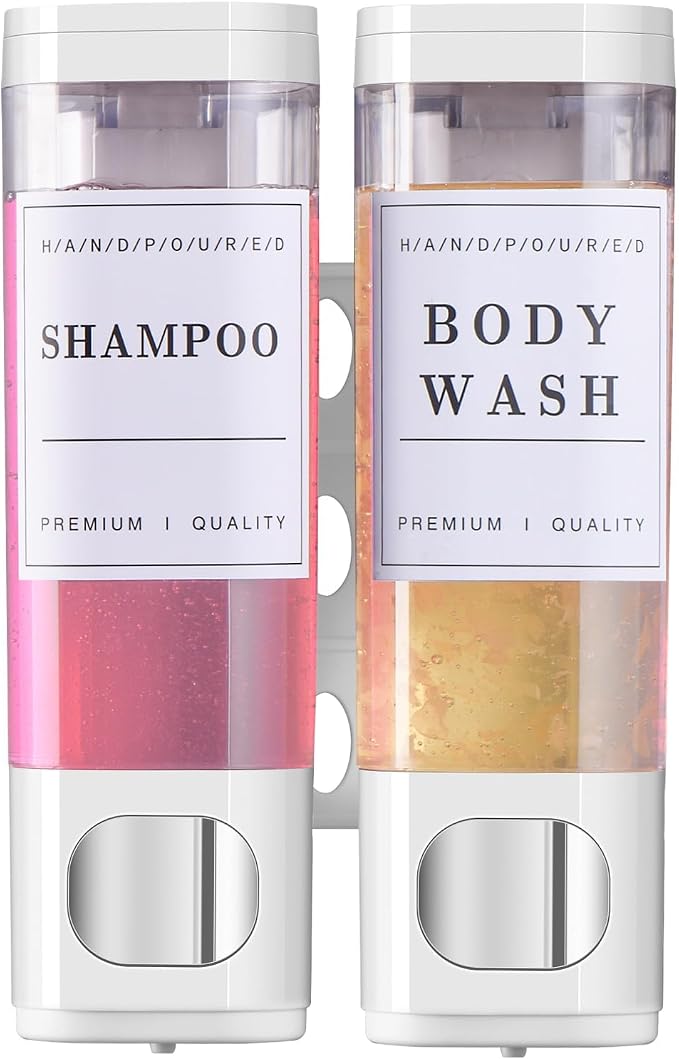 Shampoo and Conditioner Dispenser Bathroom Shower Soap Dispenser Wall Mounted Shampoo Dispenser for Shower Wall No Drill 2 * 300ml White 2 Chamber with Waterproof Labels