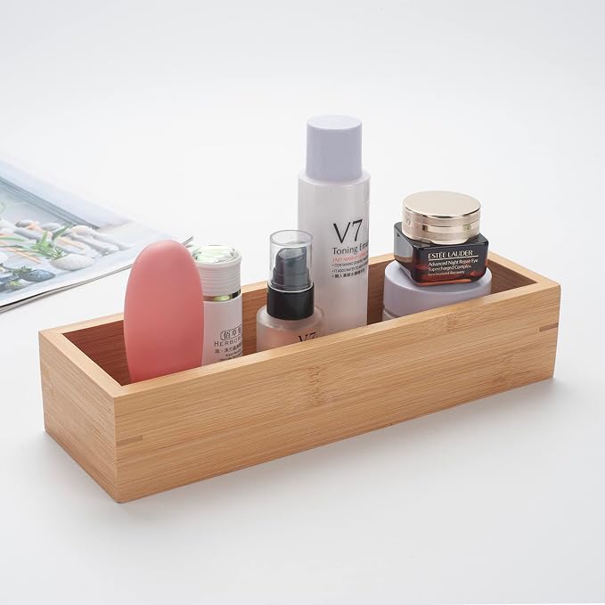 3Pcs Bamboo Bathroom Basket, Wood Bathroom Organizer, Wooden Basket Tray for Counter Toilet Tank Top, Home Decor Wood Box for Toilet Paper Storage