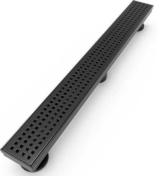WEBANG 36 Inch Linear Shower Drain Rectangular Floor Drain with Accessories Square Hole Pattern Cover Grate Removable SUS304 Stainless Steel CUPC Certified Matte Black