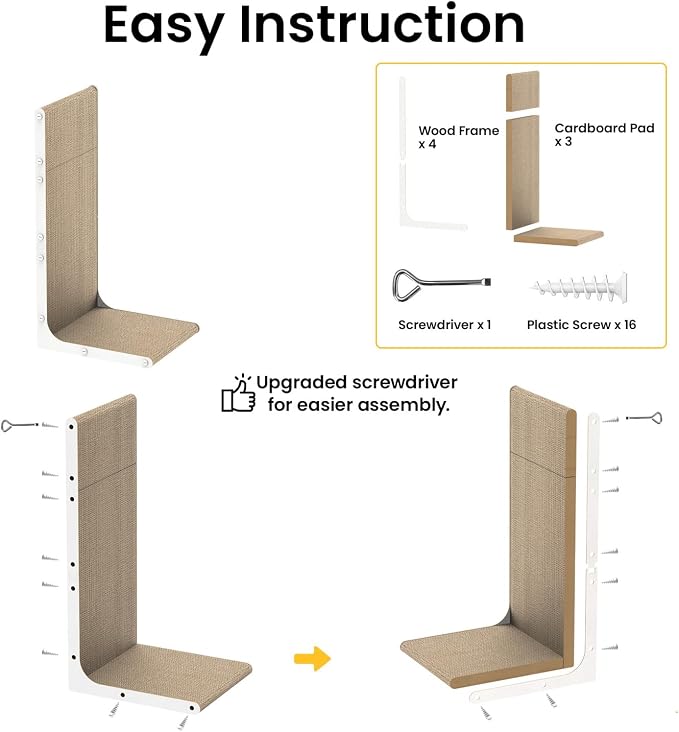 Conlun Cardboard Cat Scratcher, 23" L-Shaped Scratch Pad, Vertical Wall-Leaning Scratching Board to Protect Furniture for Indoor Cats, White