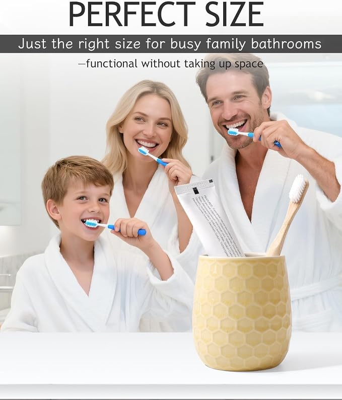 Toothbrush Holder, Tooth Brush Holder for Bathroom - Ceramic Toothbrush Cup Toothbrush Holders Countertop, Ice Cracks Yellow Makeup Brush Holder Pen Holder, 3.62" x 3.62" x 3.93", ANTIS'S HOME