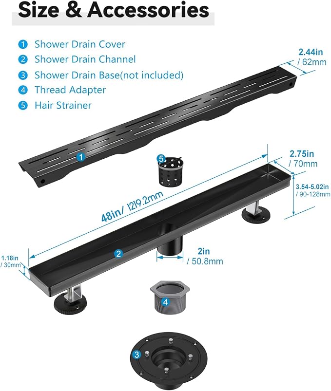 Shower Drain Stainless Steel for Bathroom: Black Linear Shower Drain 48 Inch with Removable Brick Pattern Grate - Adjustable Rectangular Shower Floor Drain with Hair Strainer (Matte Black)