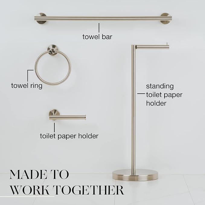 MARMOLUX ACC 2-Pc Bathroom Hardware Set - Hand Towel Holder for Bathroom Wall - Toilet Paper Holder Stand Wall Mount - Towel Holder Hanger Rack Stainless Steel Bathroom Set Towel Ring - Brushed Steel