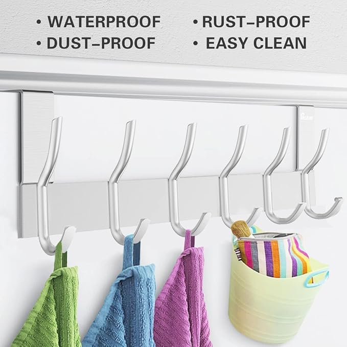 Over The Door Hanger 12 Hooks Silver, Door Hooks for Hanging Clothes, Coats, Towels, 44Ib Maximum Load Weight