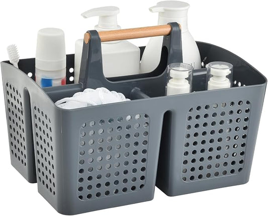 Portable Shower Caddy Basket with Wood Handle, 3-Compartment Bathroom Organizer Tote with Drain Holes, Plastic Shower Basket for Dorm, Toiletries, Cleaning Supplies, Dark Gray