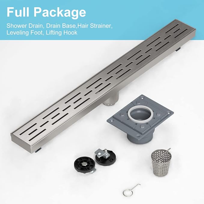 Shower Drain by EMBATHER Linear Shower Drain 36 Inch Floor Drain with Removable Quadrato Pattern Grate CUPC Certified, 304 Stainless Shower Drain Base Hair Strainer and Leveling Feet