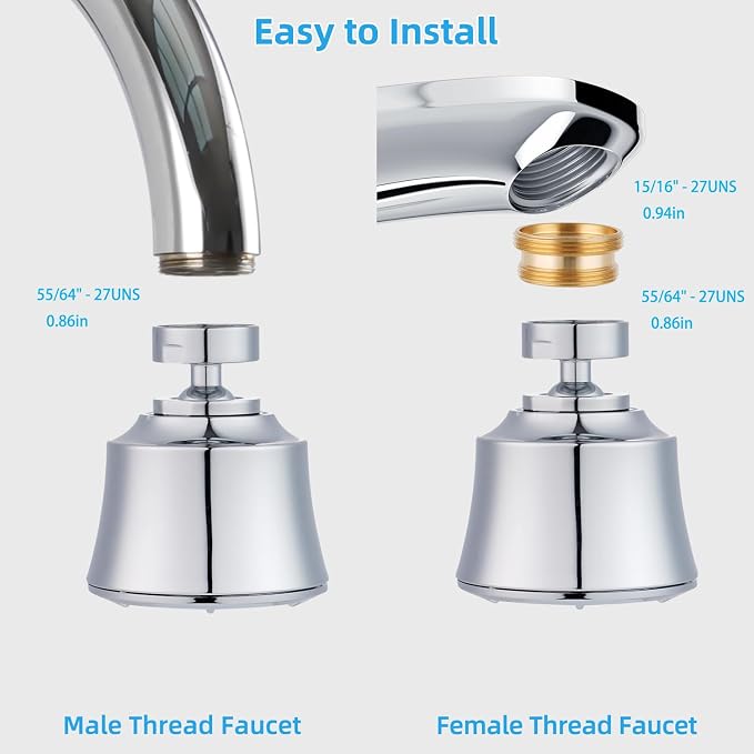 iFealClear Kitchen Sink Faucet Head with Metal Ball Joint, 360° Swivel Faucet Sprayer Head, Big Angle Sink Faucet Aerator Adapter 55/64-27UNS Female Thread, 4 Spray Modes, Extra Metal Adapters, Chrome