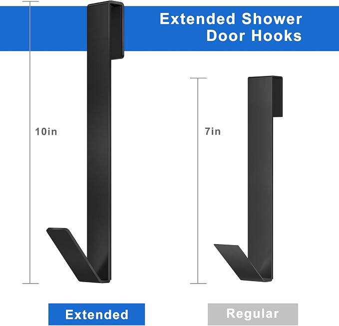 Shower Door Hooks 10 in, Shower Hooks for Towels, Heavy Duty Drilling-Free Extended Towel Hooks for Bathroom Frameless Glass Door, Over the Door Towel Hooks 3 Packs Black